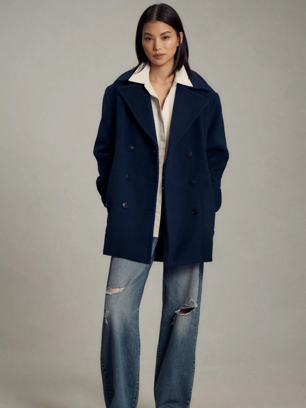 Size: L Maeve Double-Breasted Wool-Blend Blue Navy Coat $335